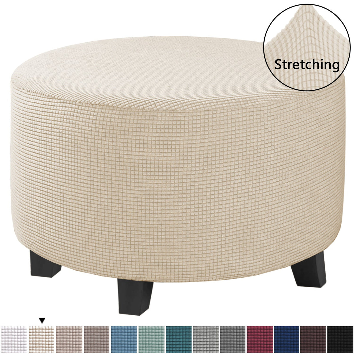 Round ottoman with a natural stretch slipcover