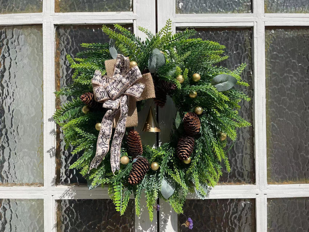 Pine and pinecone Christmas wreath with ribbon bow – view 2