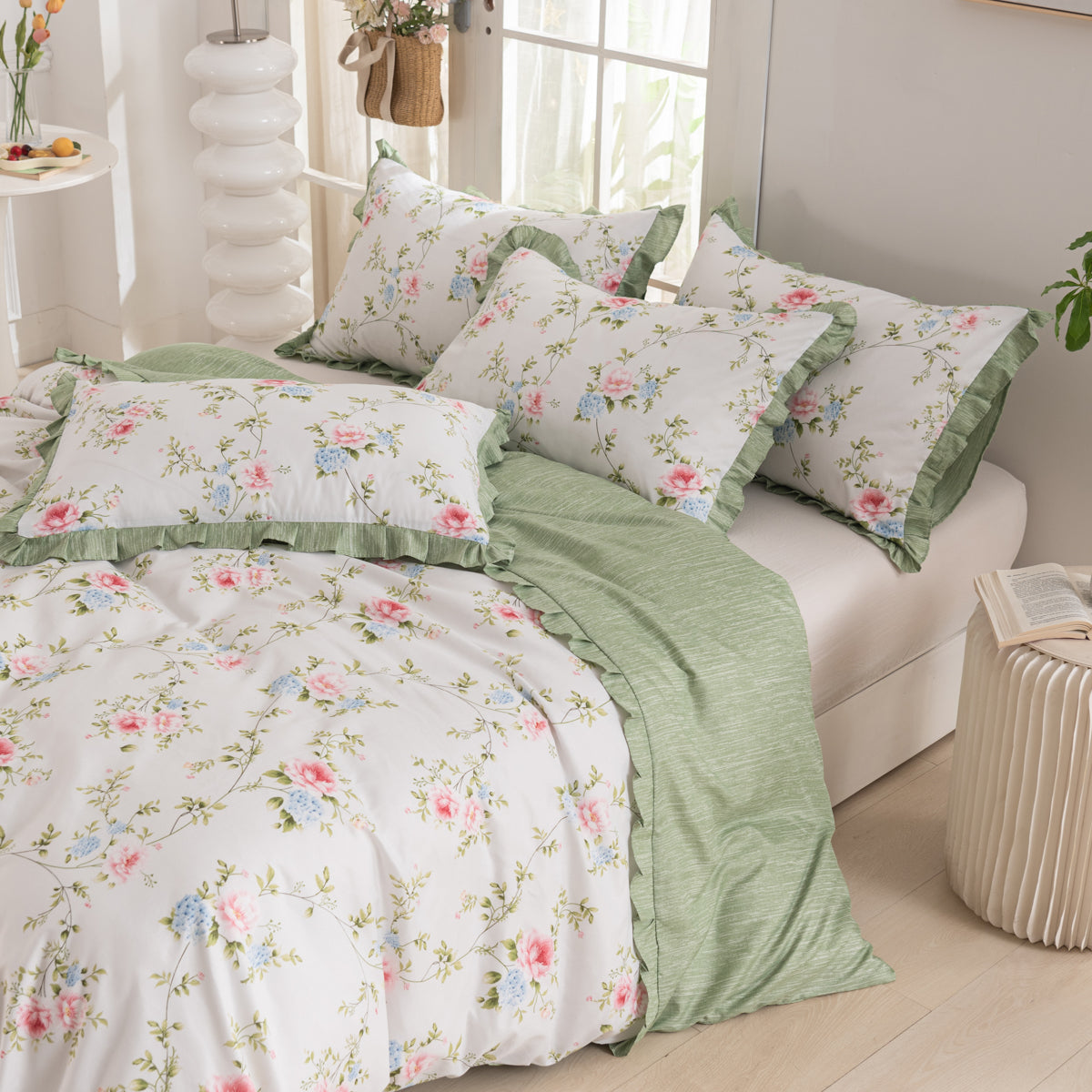 Sage floral ruffle duvet cover set – view 4