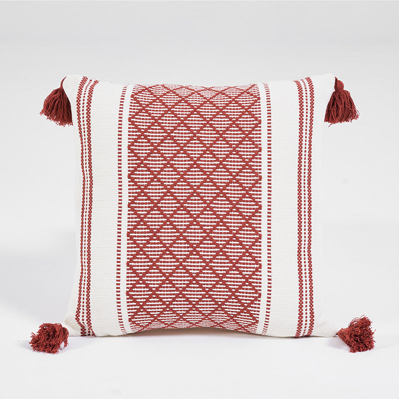 Woven Diamond Pillow Cover with Tassels – Terracotta
