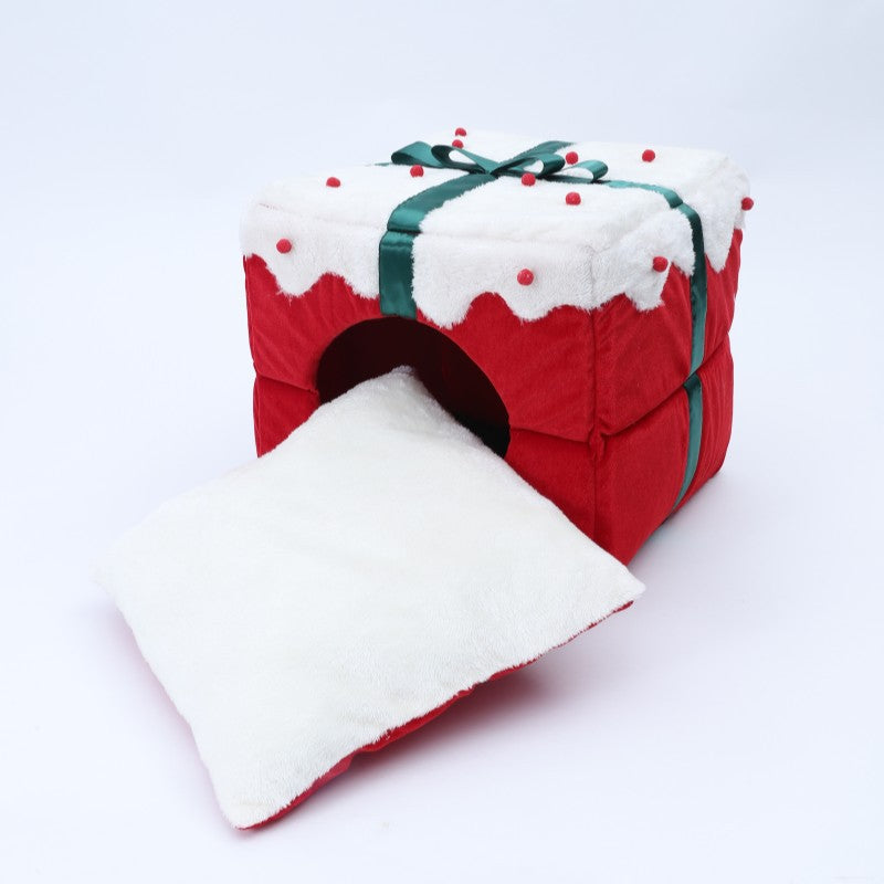 Red Christmas gift box cat bed with removable cushion – view 1