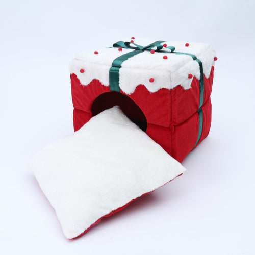 Red Christmas gift box cat bed with removable cushion – view 1