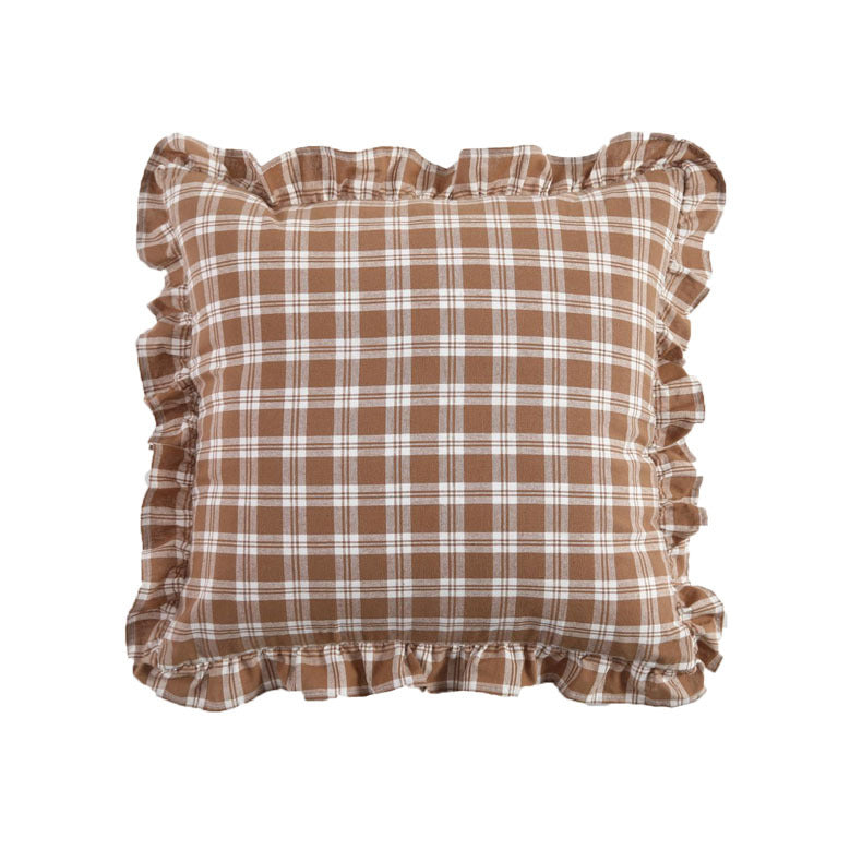 Ruffled Pillow Cover – Gingham & Solid – Brown Plaid