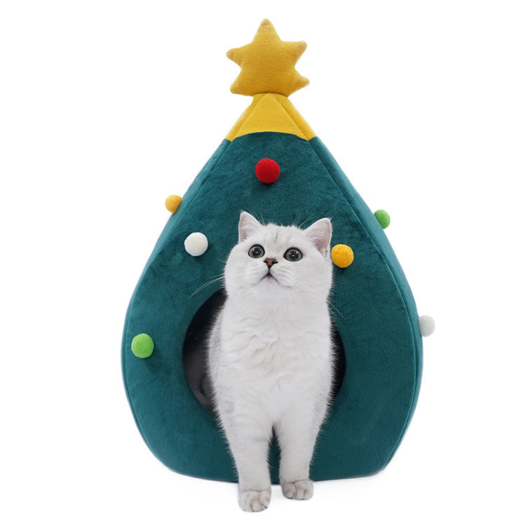 Christmas tree shaped cat bed with star topper – view 1