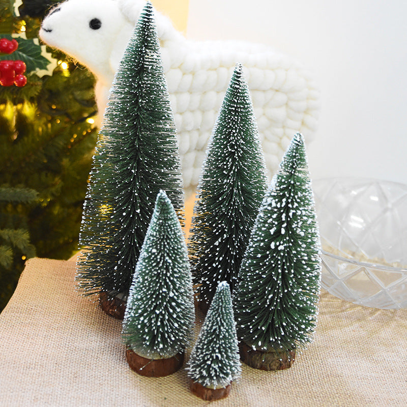 Frosted green bottle brush mini Christmas trees on wood slice bases – view 2