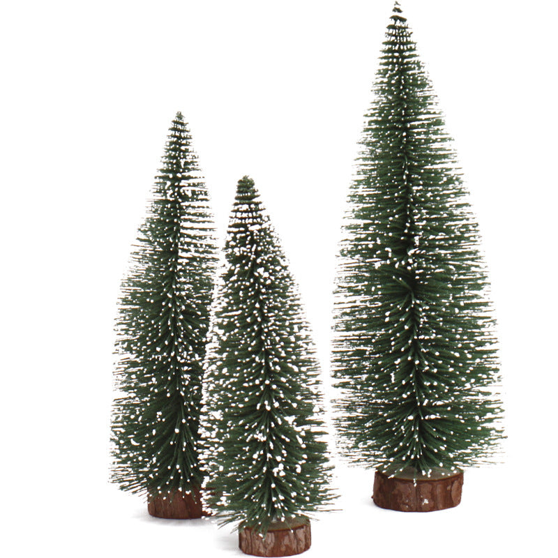 Frosted green bottle brush mini Christmas trees on wood slice bases – view 3