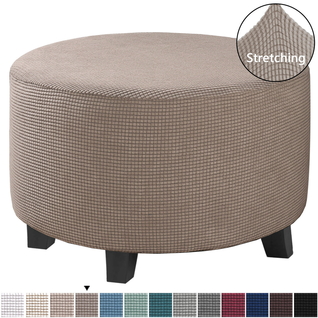 Stretch round ottoman slipcover in Taupe