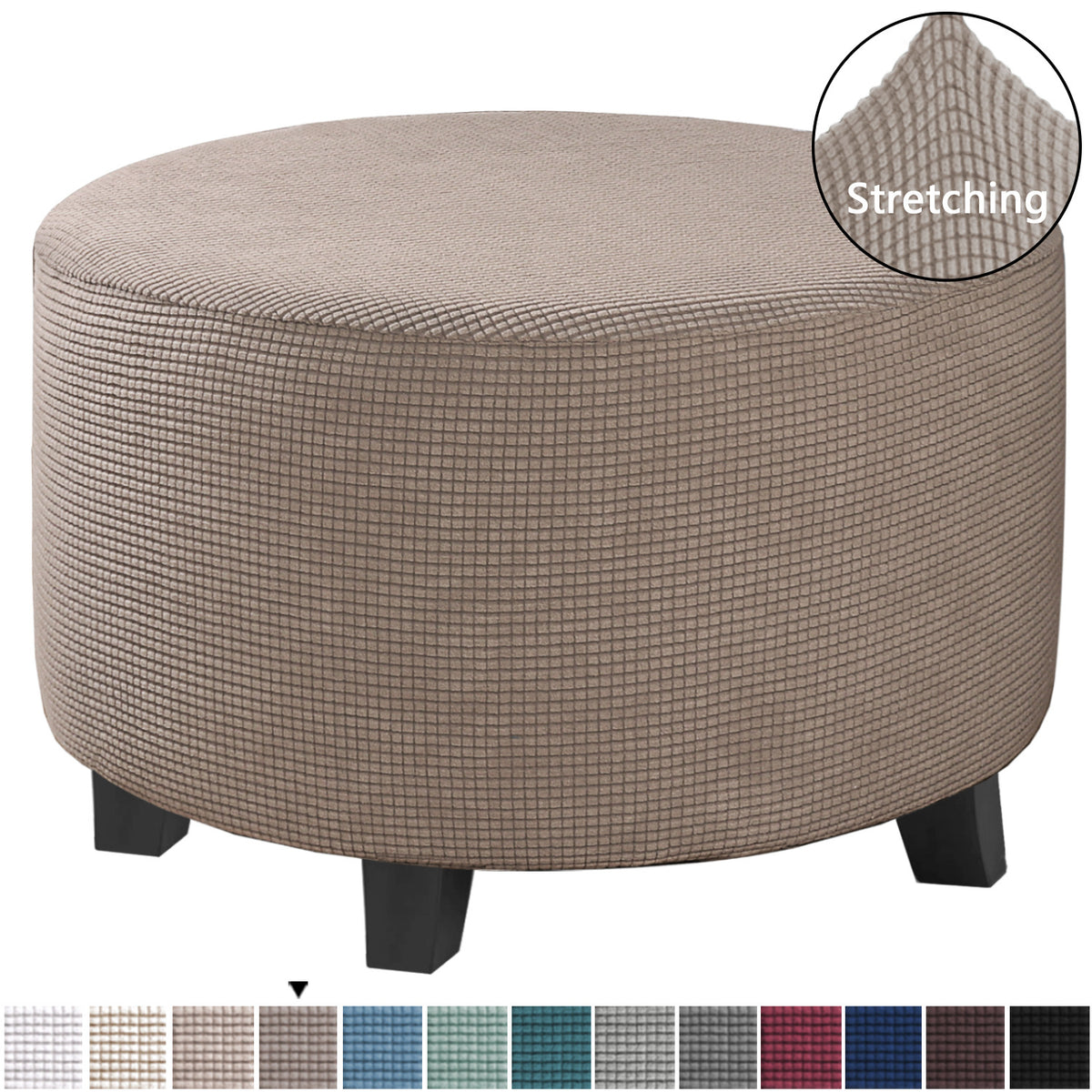 Stretch round ottoman slipcover in Taupe