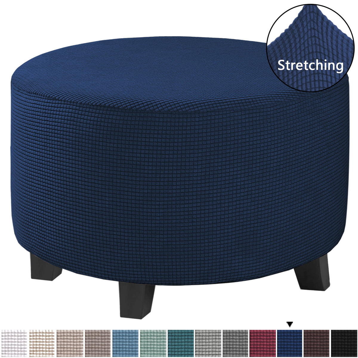 Stretch round ottoman slipcover in Navy