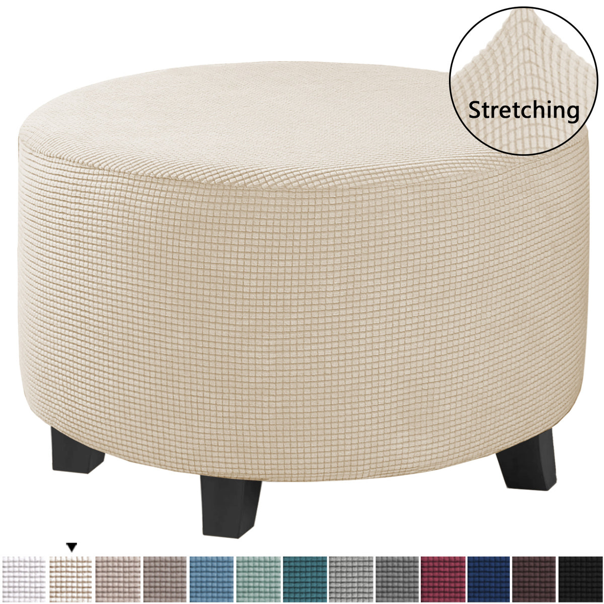 Stretch round ottoman slipcover in Natural