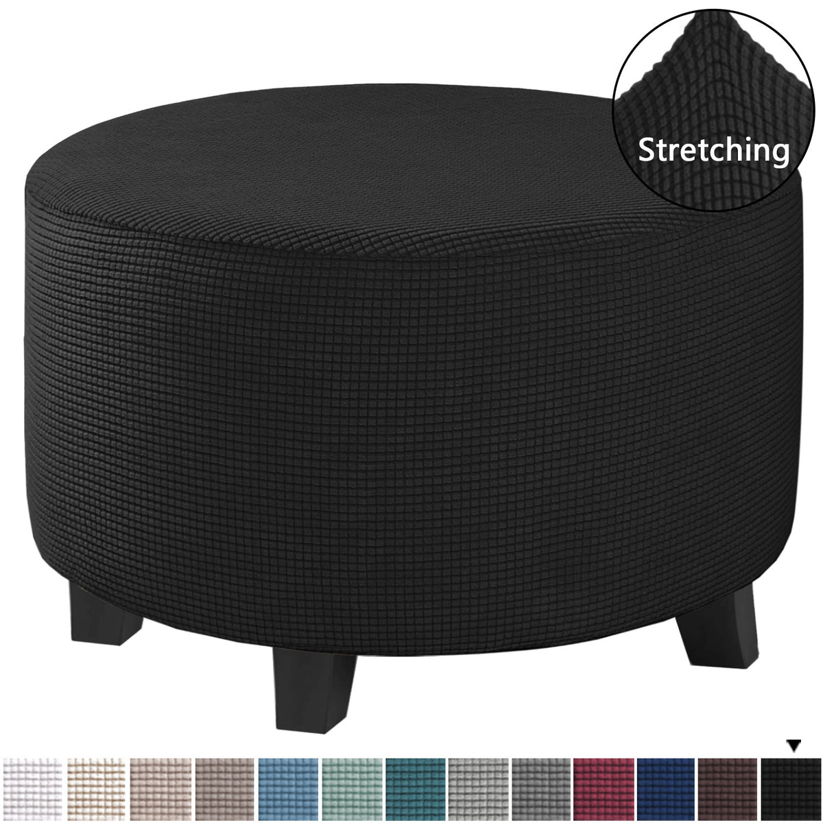 Stretch round ottoman slipcover in Black