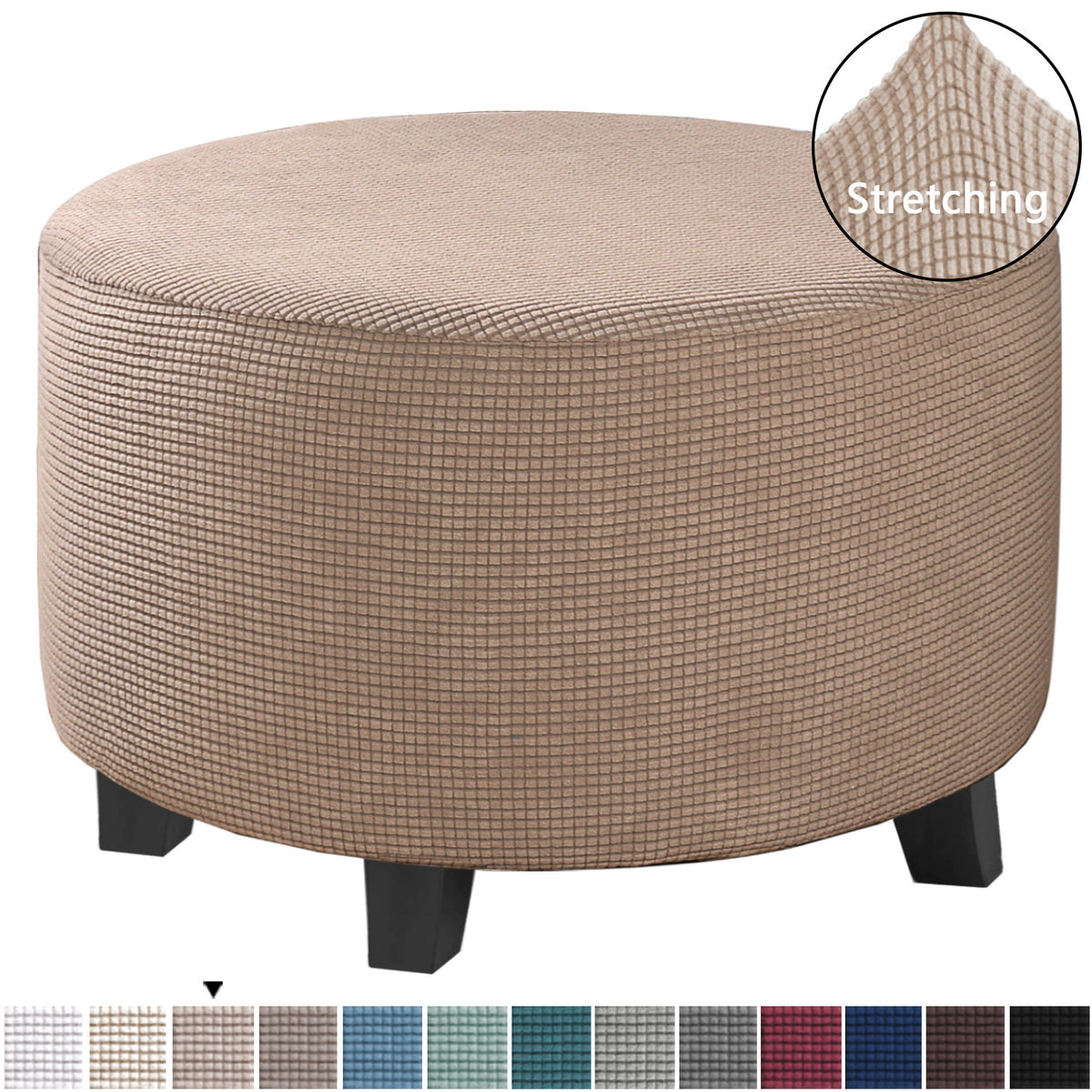 Stretch round ottoman slipcover in Khaki