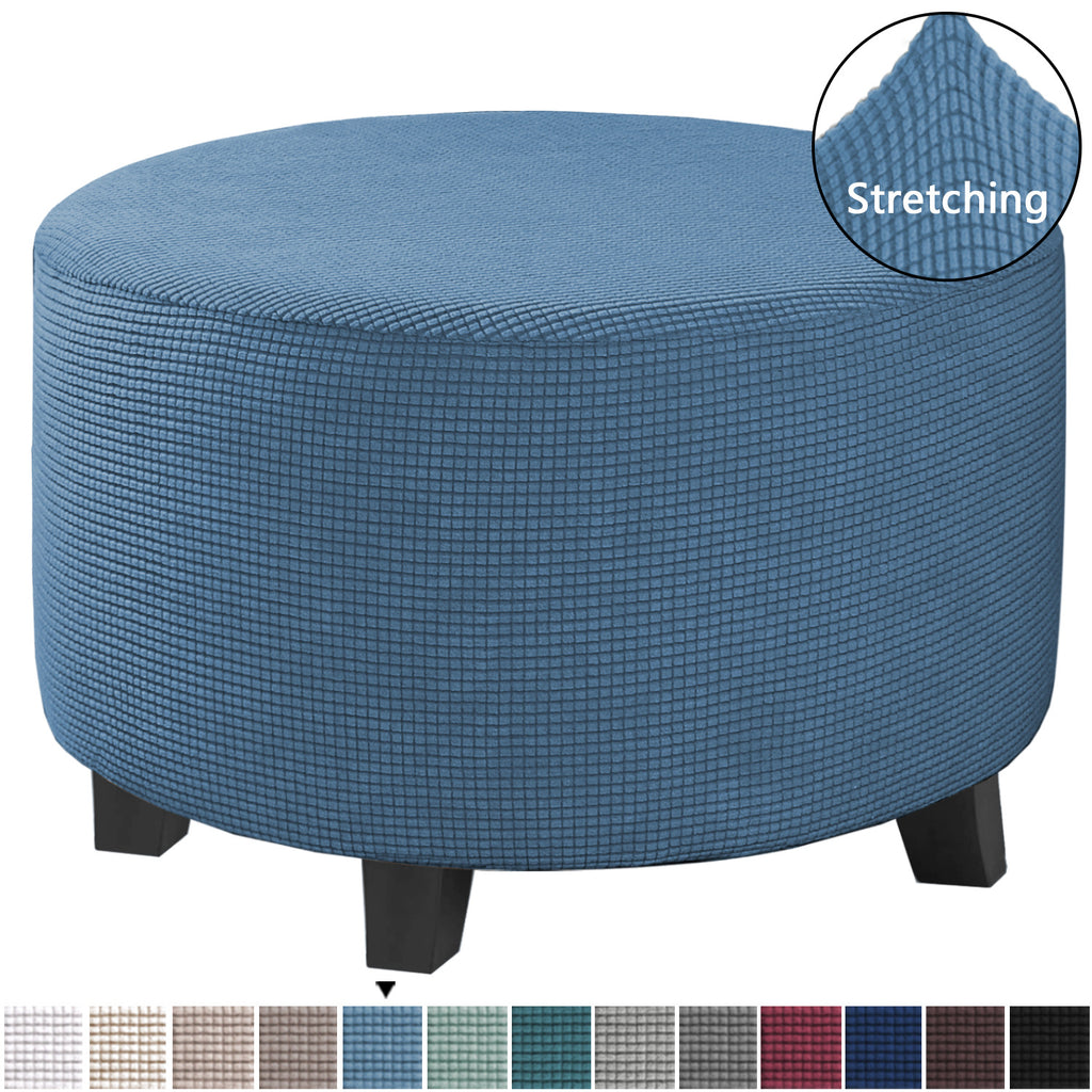 Stretch round ottoman slipcover in Dusty Blue