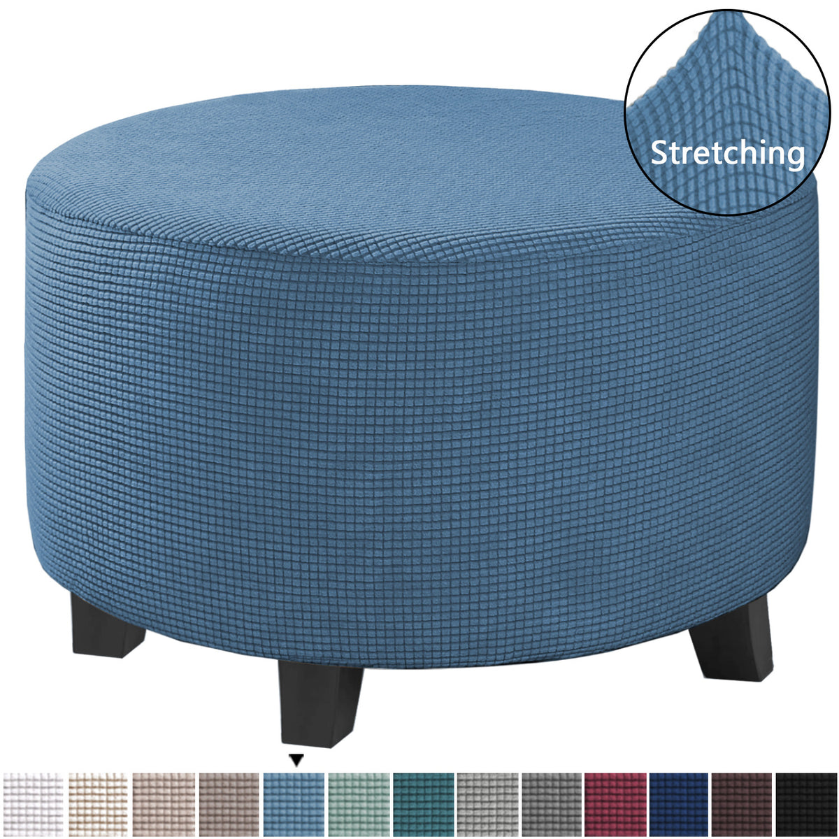Stretch round ottoman slipcover in Dusty Blue