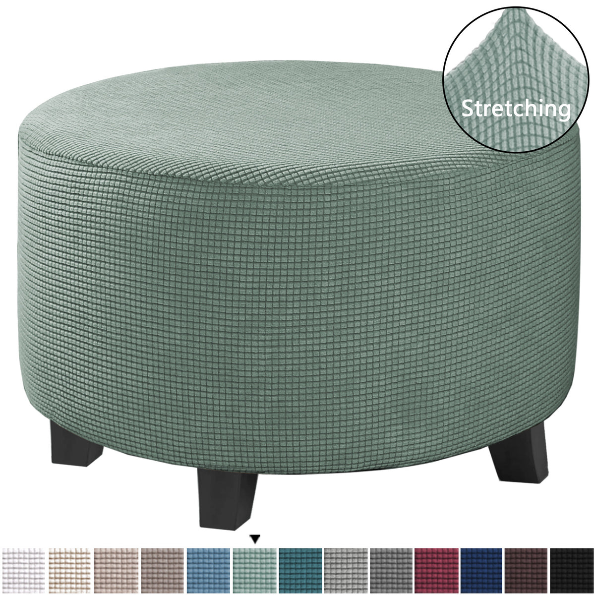 Stretch round ottoman slipcover in Sage Green