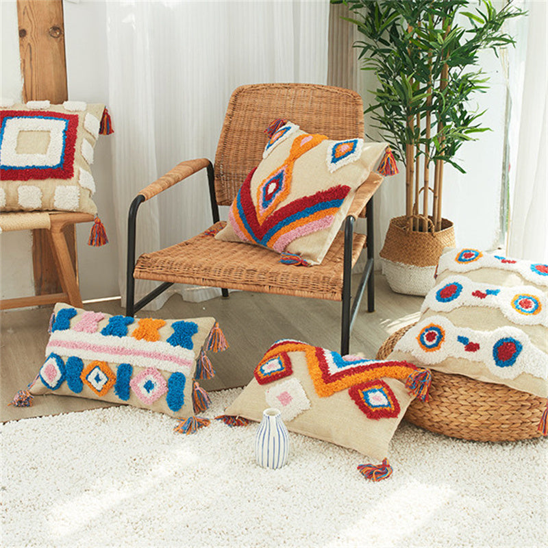 Colourful tufted pillow cover with tassels – view 1
