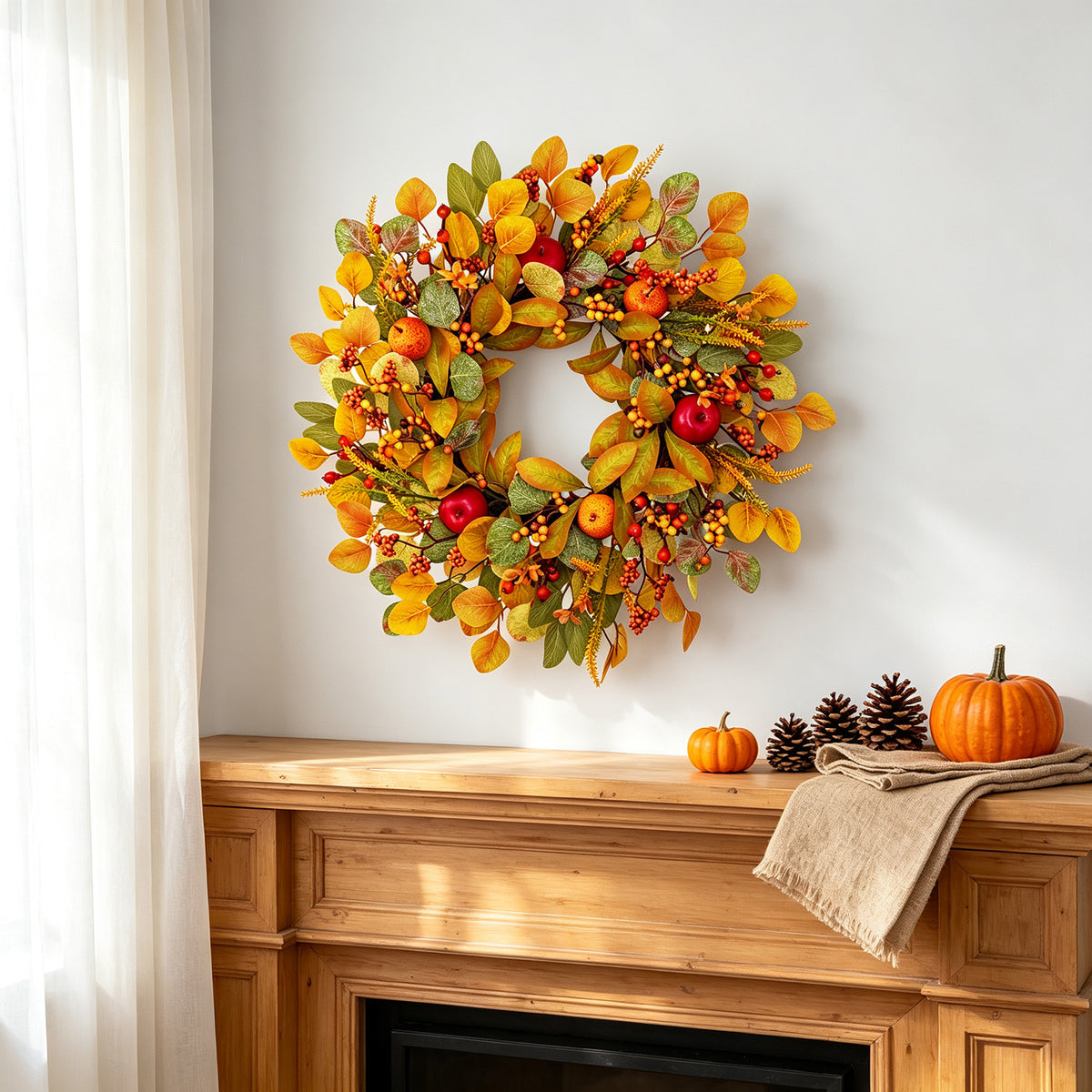 Autumn wreath with faux apples and berries – view 2