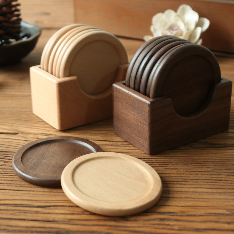 Wooden coaster set with holder – view 1