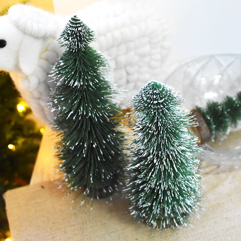 Frosted green bottle brush mini Christmas trees on wood slice bases – view 4