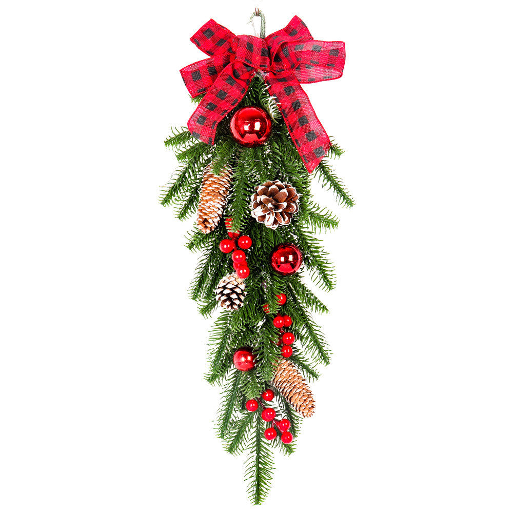 Faux pine Christmas door swag with a red and black buffalo check bow – view 3
