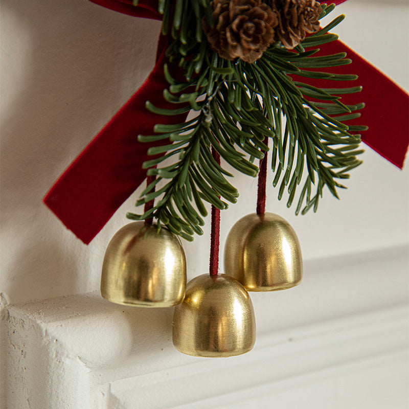 Burgundy velvet bow Christmas hanger with faux pine, pinecones and gold bells – view 4