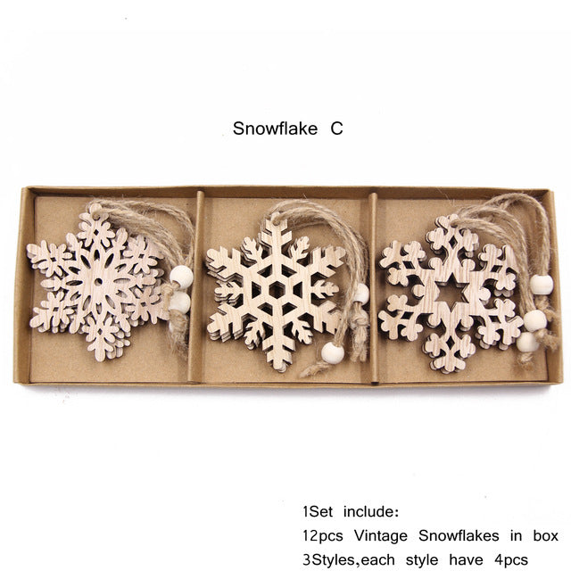 Wooden Snowflake Ornaments – Box of 12 – Set C