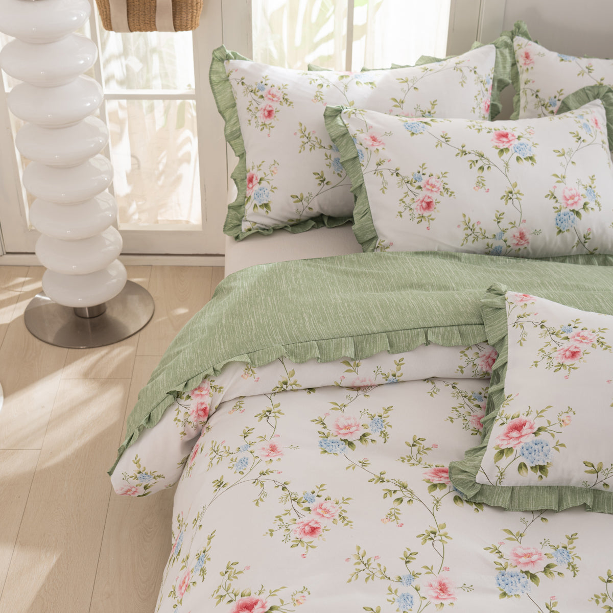 Sage floral ruffle duvet cover set – view 1