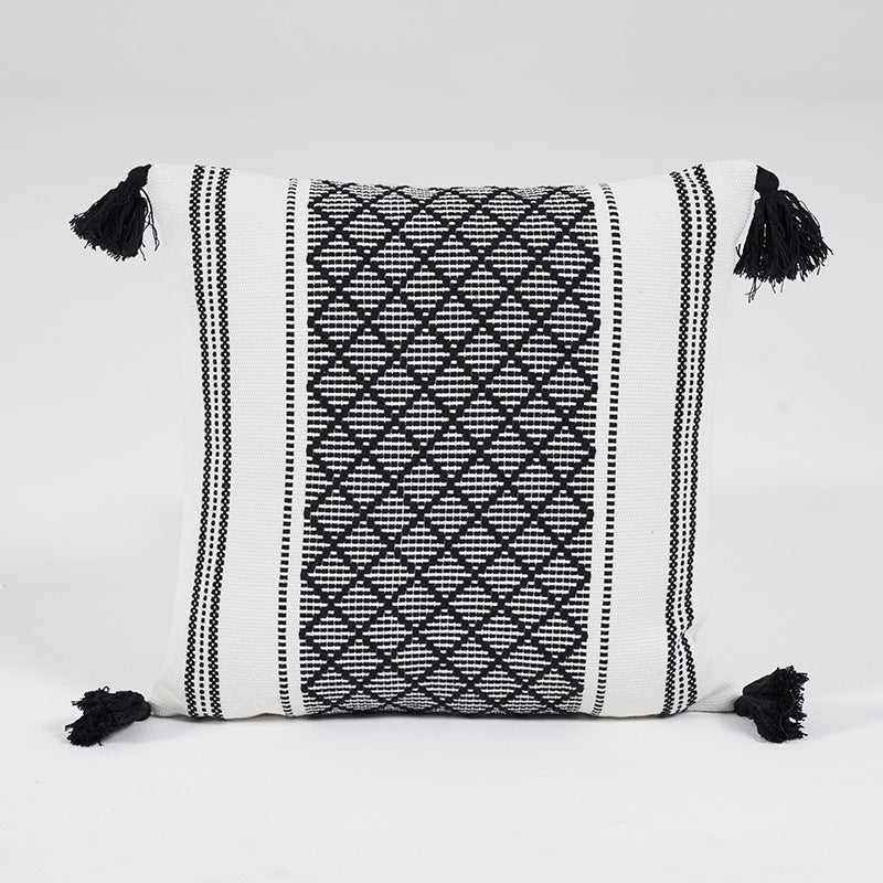 Woven Diamond Pillow Cover with Tassels – Charcoal