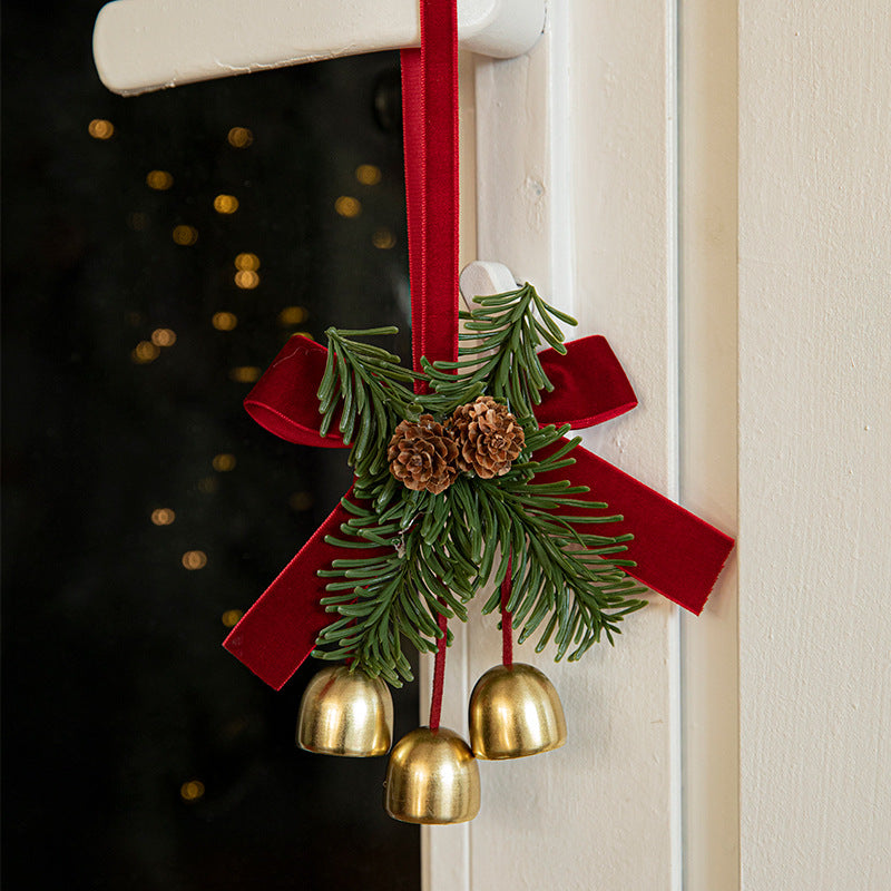 Burgundy velvet bow Christmas hanger with faux pine, pinecones and gold bells – view 2