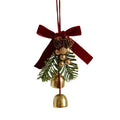 Burgundy velvet bow Christmas hanger with faux pine, pinecones and gold bells – view 3