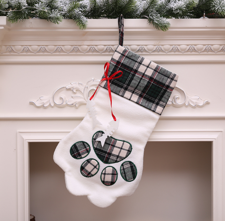 Paw Print Christmas Stocking for Pets – Dark Green Plaid