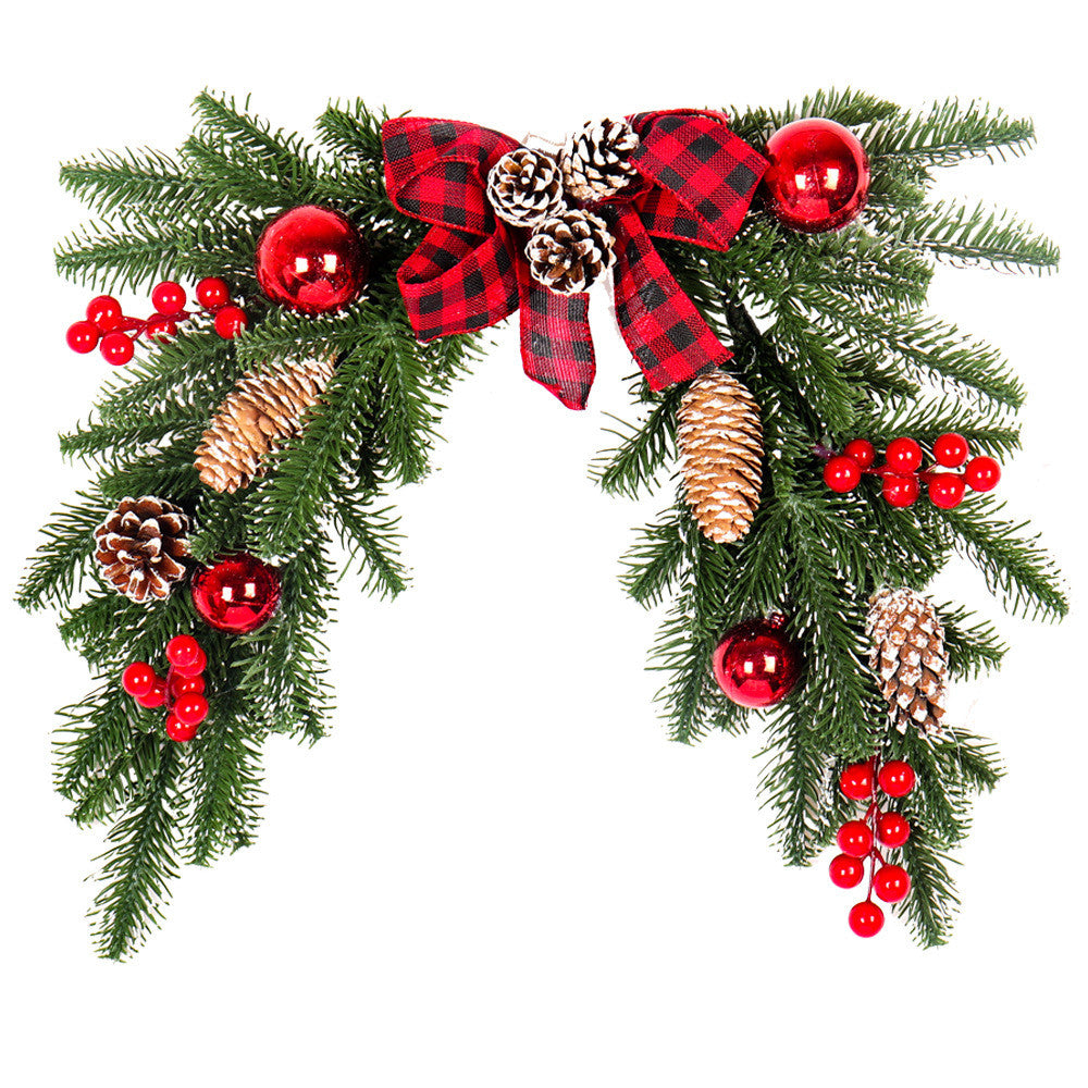 Faux pine Christmas door swag with a red and black buffalo check bow – view 2