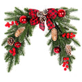 Faux pine Christmas door swag with a red and black buffalo check bow – view 2