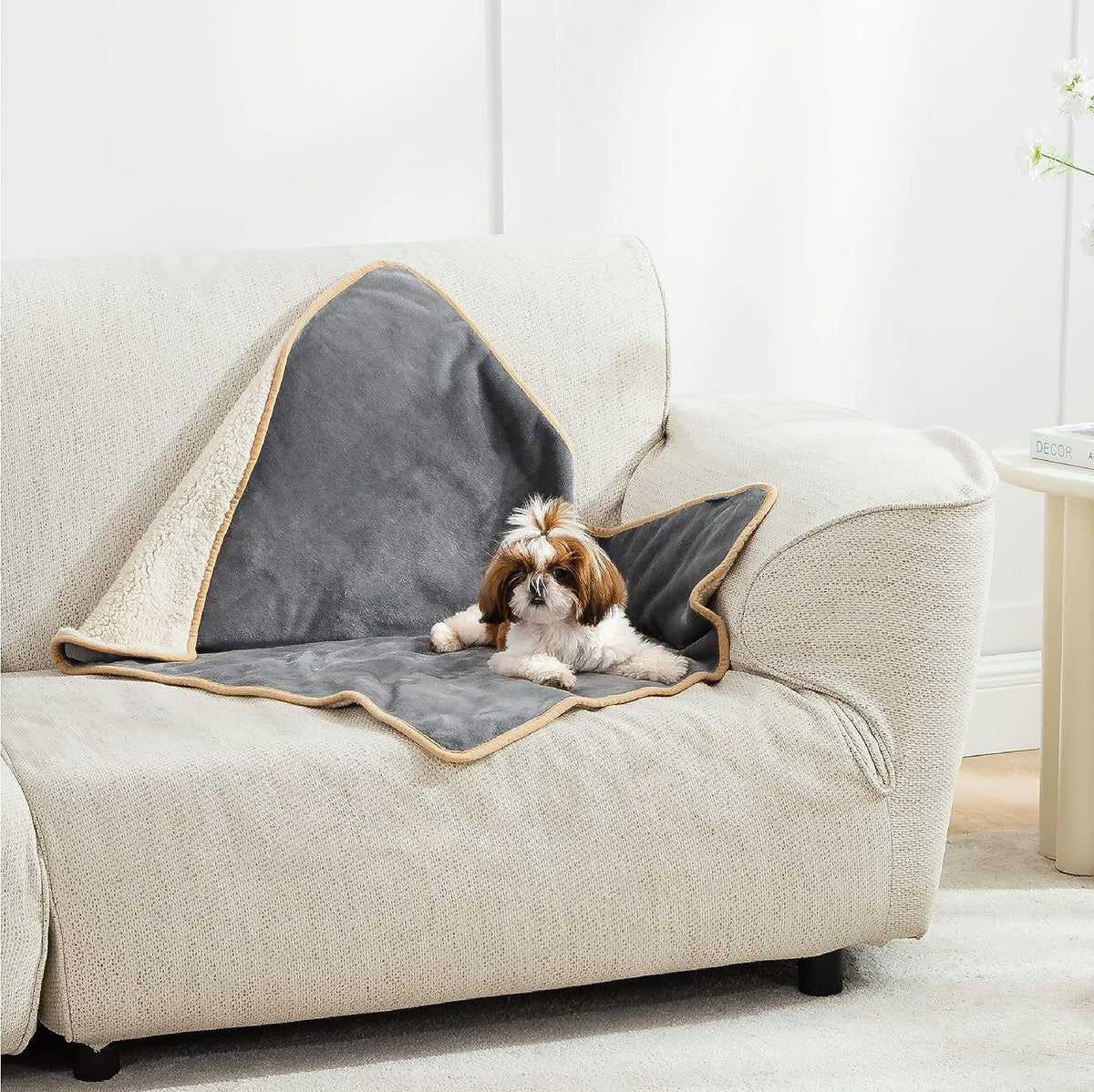 Waterproof sherpa pet blanket protecting a sofa
