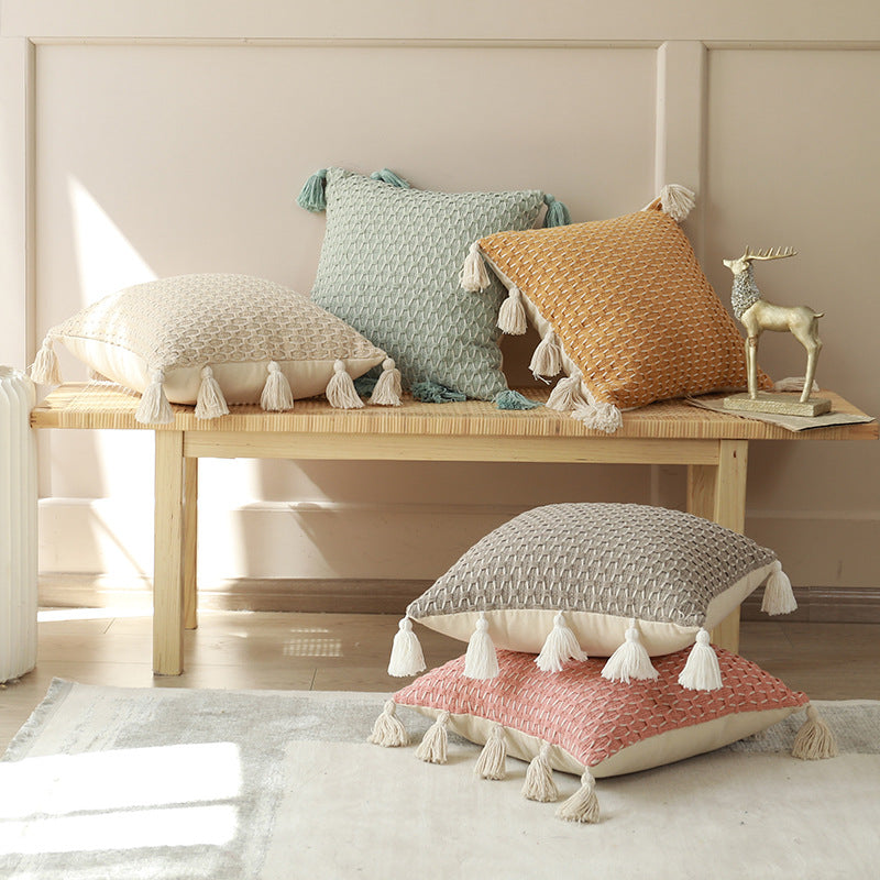 Textured knit pillow cover with tassels – view 1