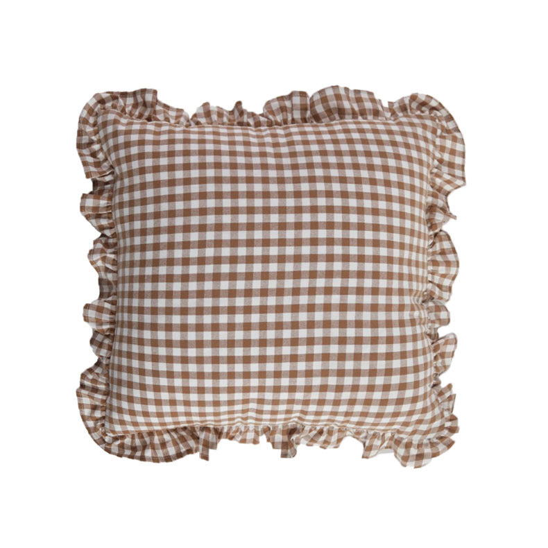Ruffled Pillow Cover – Gingham & Solid – Brown Gingham