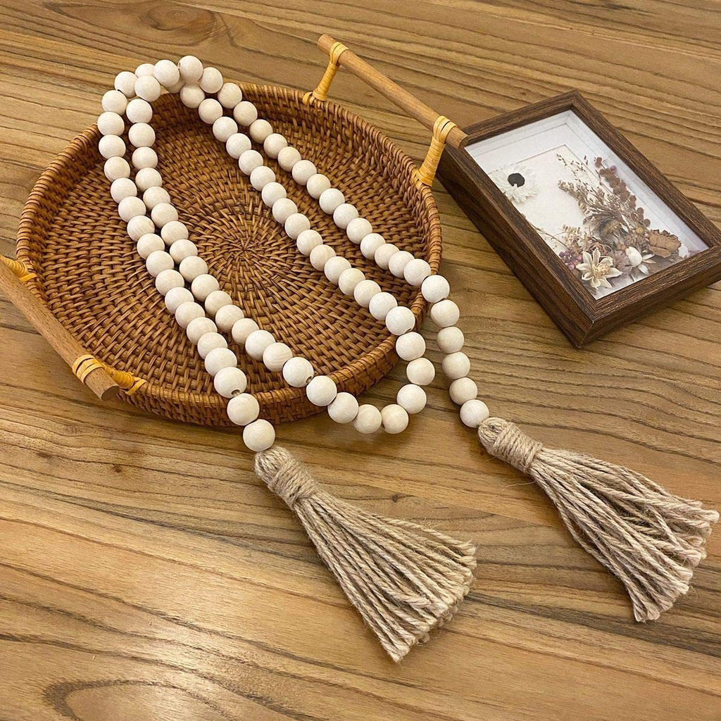 Wood bead garland with jute tassels – view 1