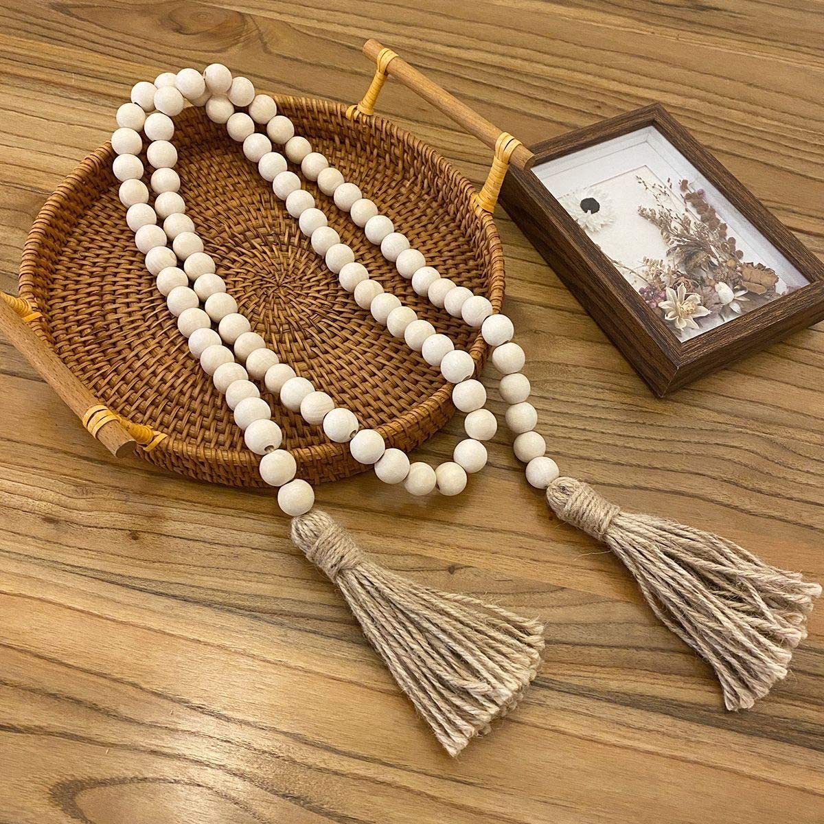 Wood bead garland with jute tassels – view 1