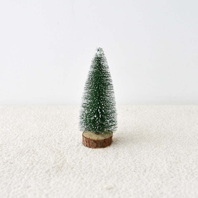 Frosted green bottle brush mini Christmas trees on wood slice bases – view 5