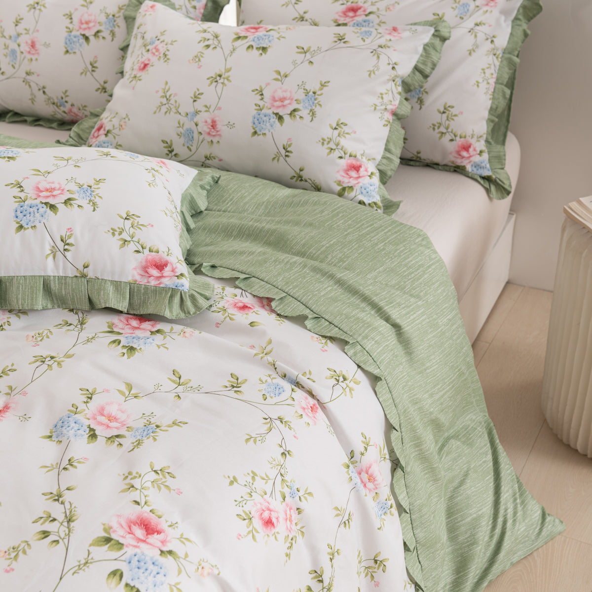 Sage floral ruffle duvet cover set – view 6