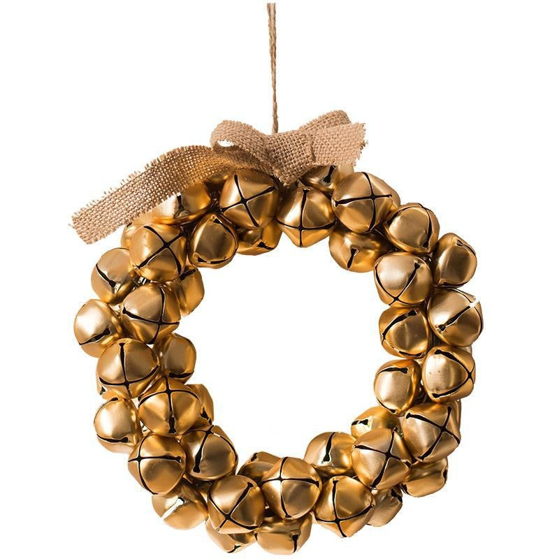 Rustic jingle bell Christmas wreath with burlap-style bow – view 2