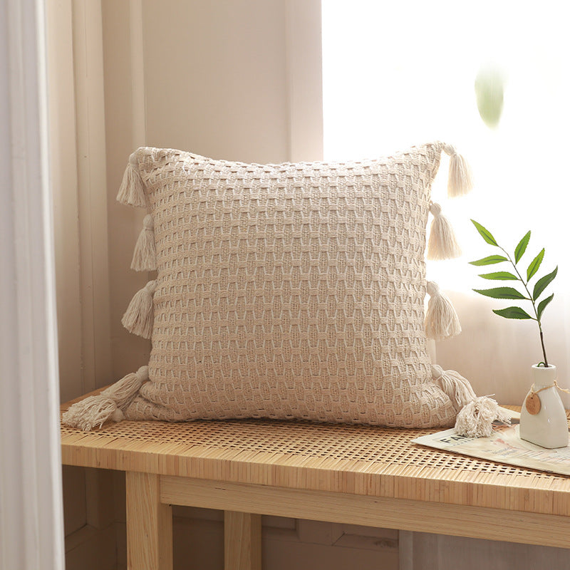 Textured knit pillow cover with tassels – view 3