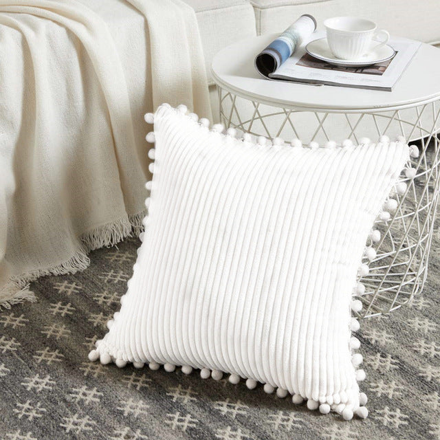 Corduroy pillow cover with pom-pom trim – view 1