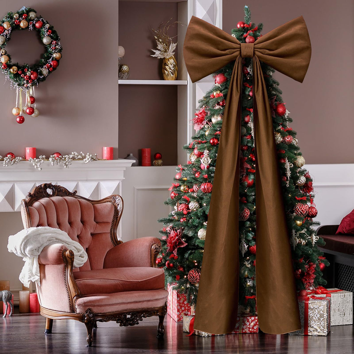 Oversized velvet Christmas tree bow with long tails – view 4
