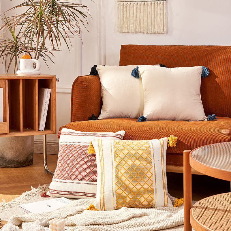 Woven diamond pillow cover with tassels – view 3