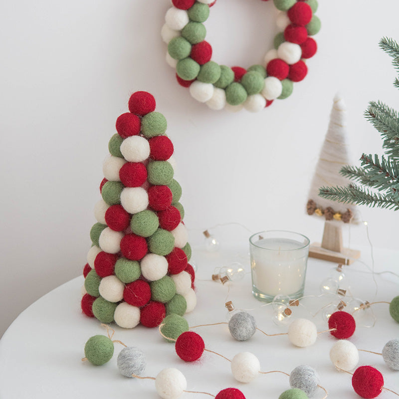 Red, green and white wool felt ball Christmas tree, wreath and garland – view 1