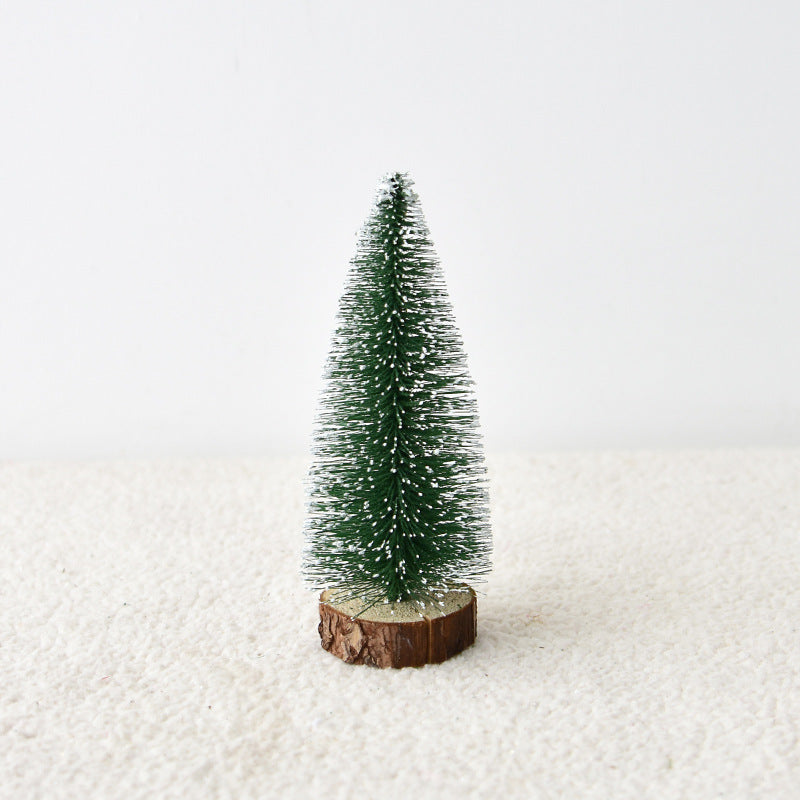 Frosted green bottle brush mini Christmas trees on wood slice bases – view 6