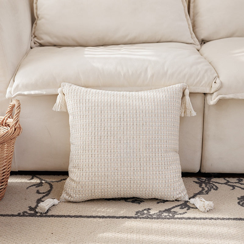 Woven Jacquard Pillow Cover – Garden Collection – Ivory Tassel