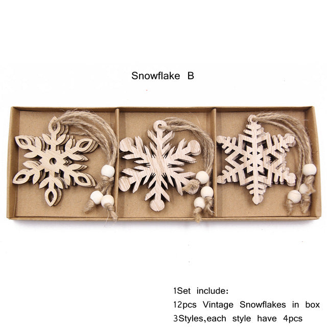 Wooden Snowflake Ornaments – Box of 12 – Set B