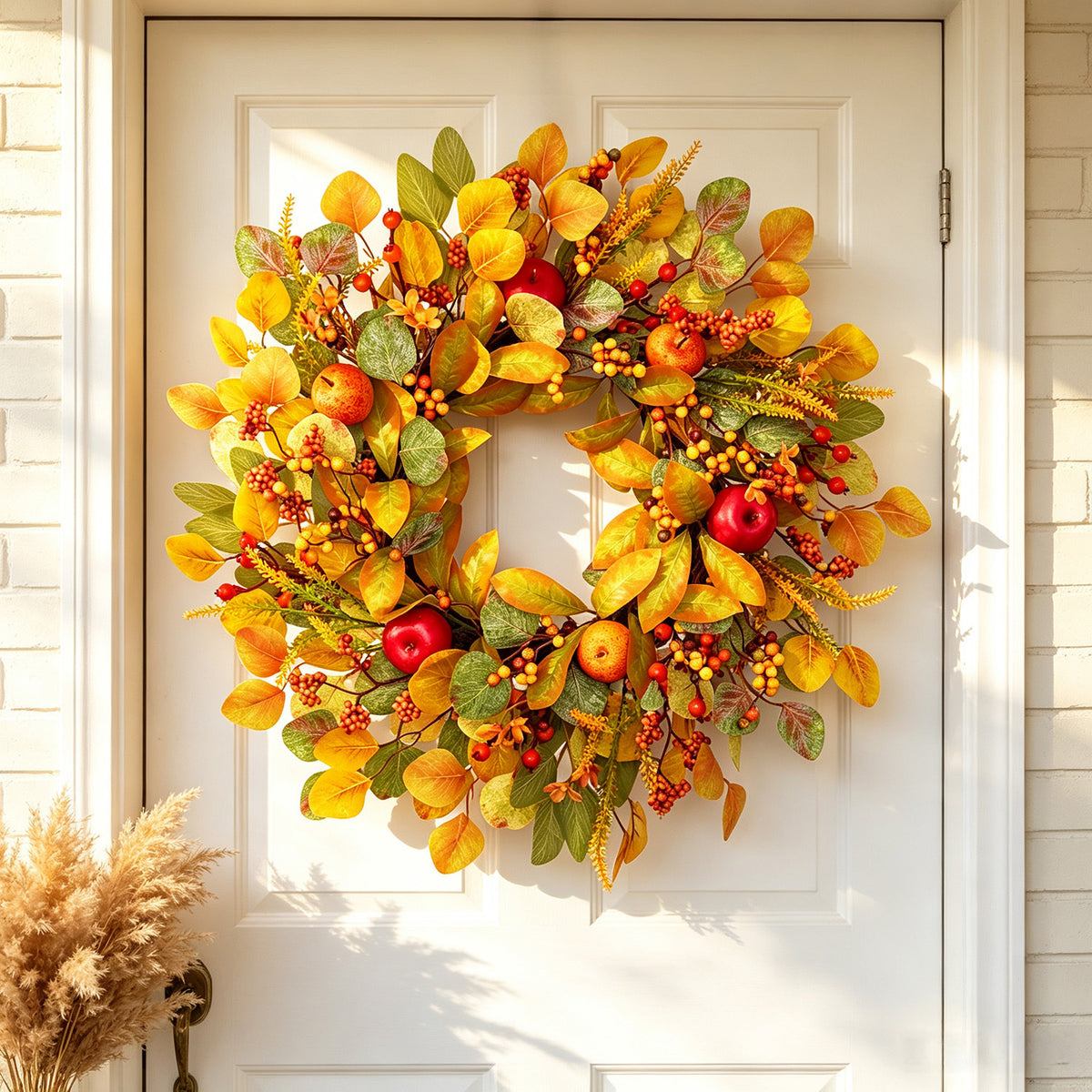 Autumn wreath with faux apples and berries – view 1